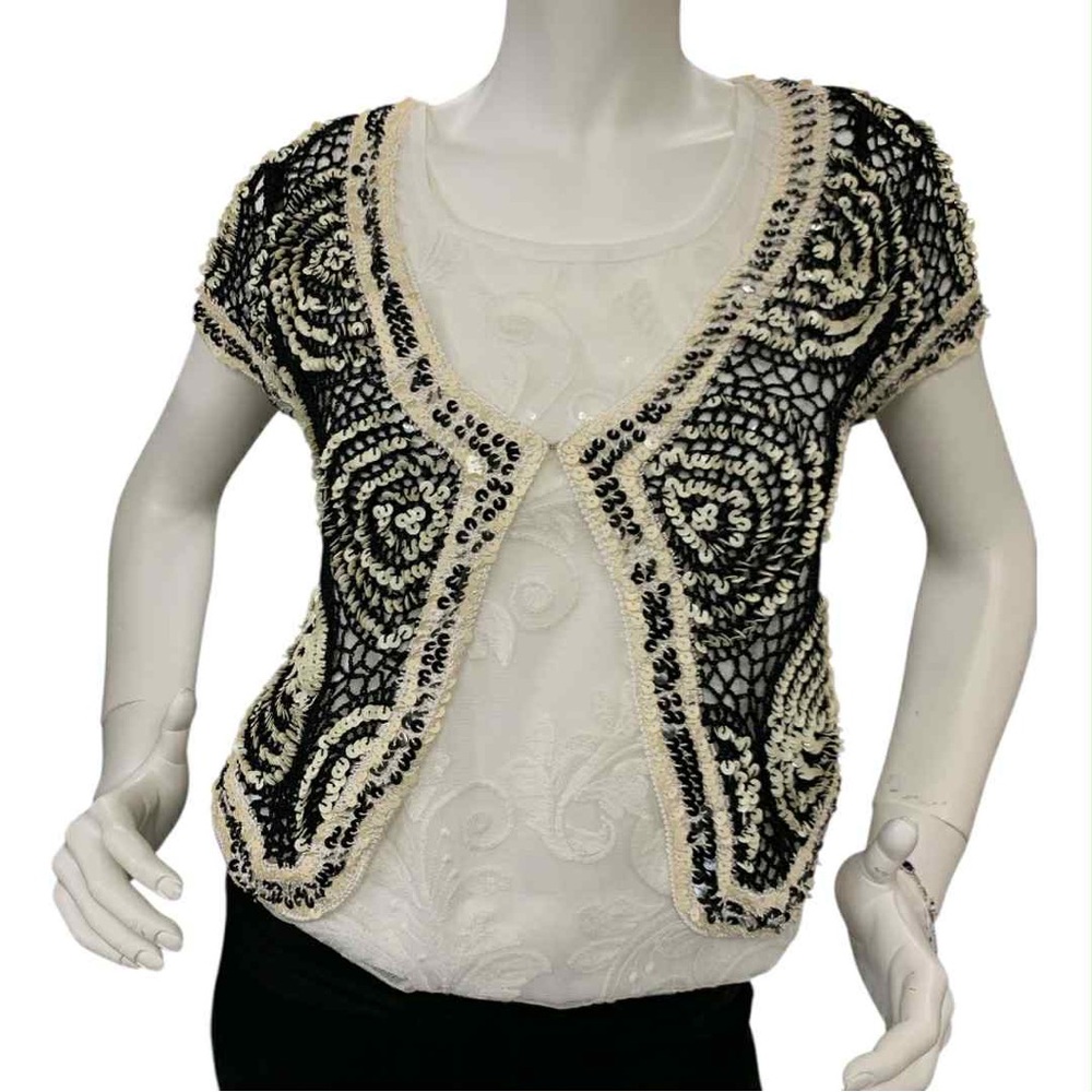 Bella Formal Top Black and White Sequin Cardigan Size S